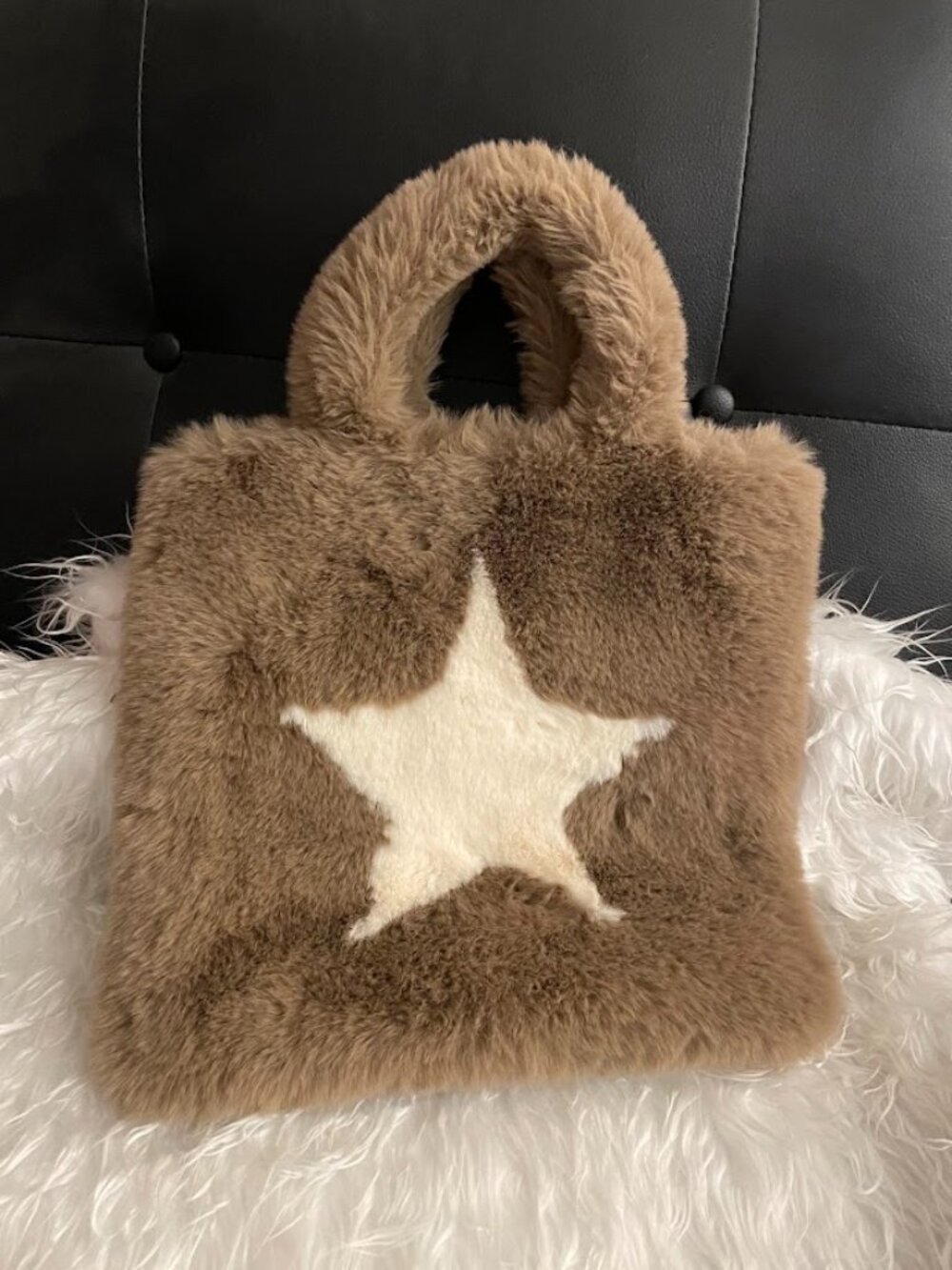 Beautiful Faux Fur Bag, Light Brown with Bold Ivory White Star